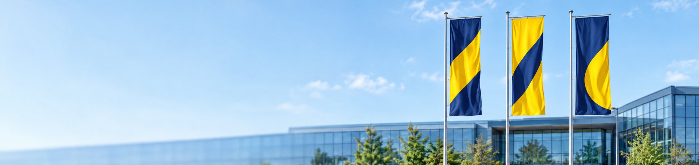 Drei Hissflaggen in Gelb und Blau an Fahnenmasten vor einem B&uuml;rogeb&auml;ude