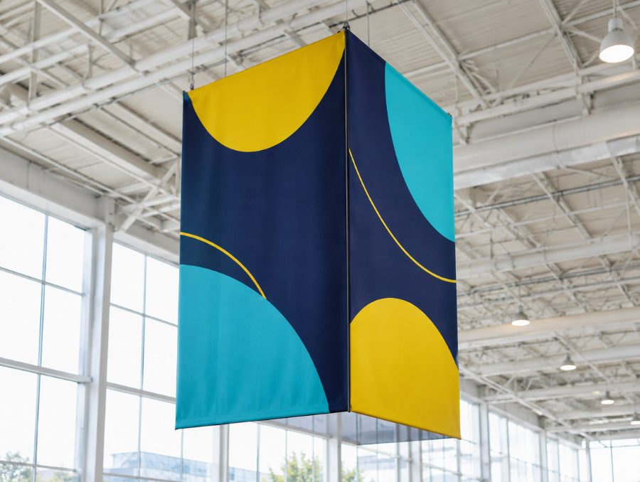 Beidseitig bedrucktes Blockout-Banner in einer Halle