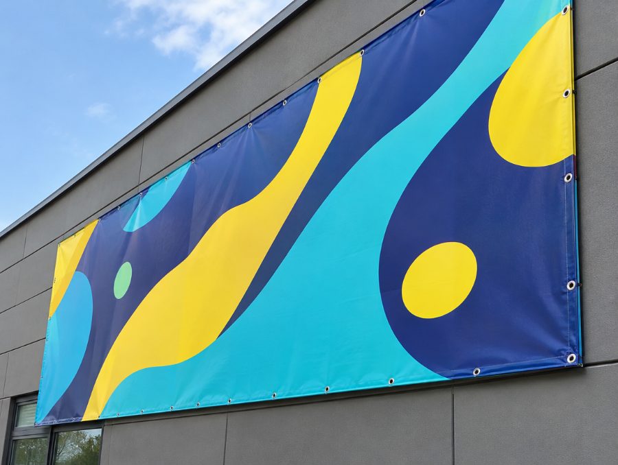 Bedrucktes PVC-Banner an einer Fassade
