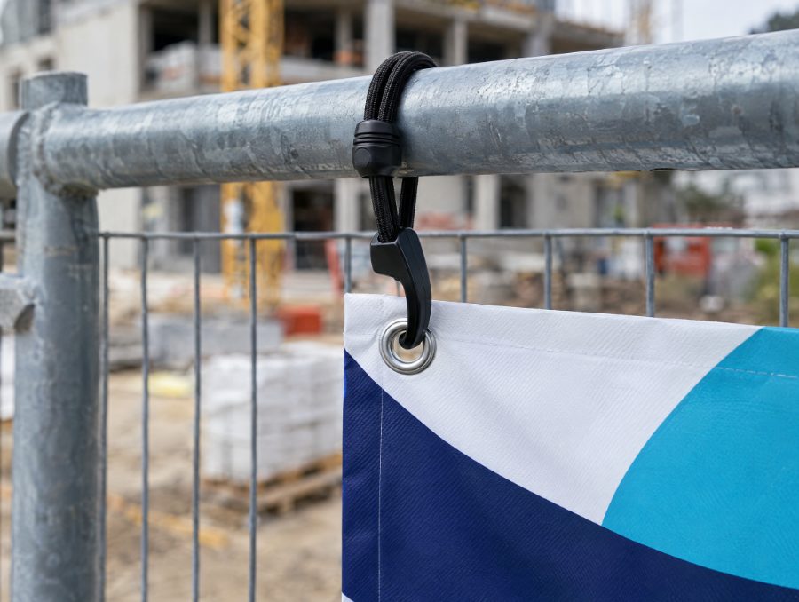 Spannhaken h&auml;lt ein Banner am Bauzaun
