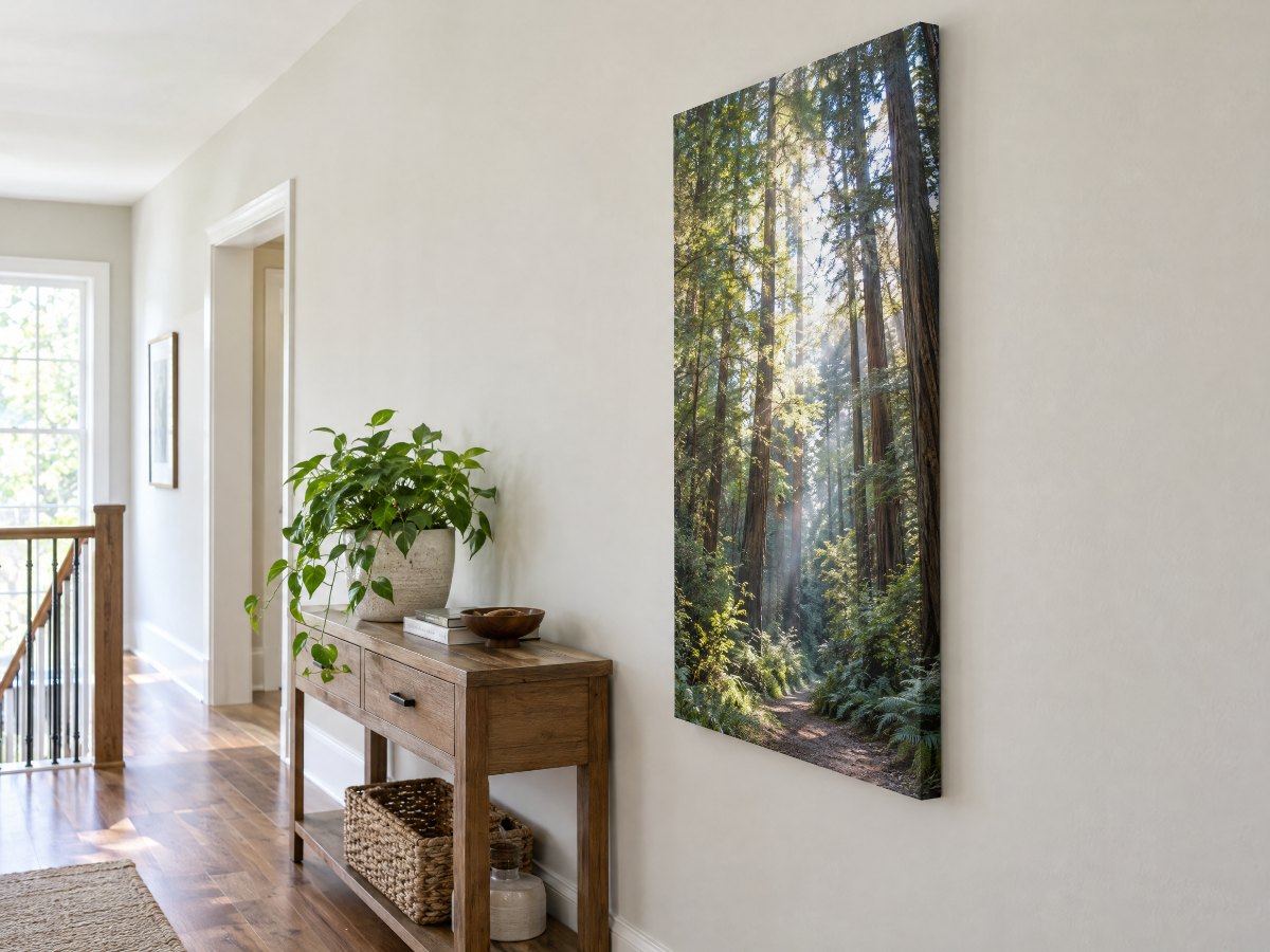 Fotoleinwand im Hochformat an einer Wand