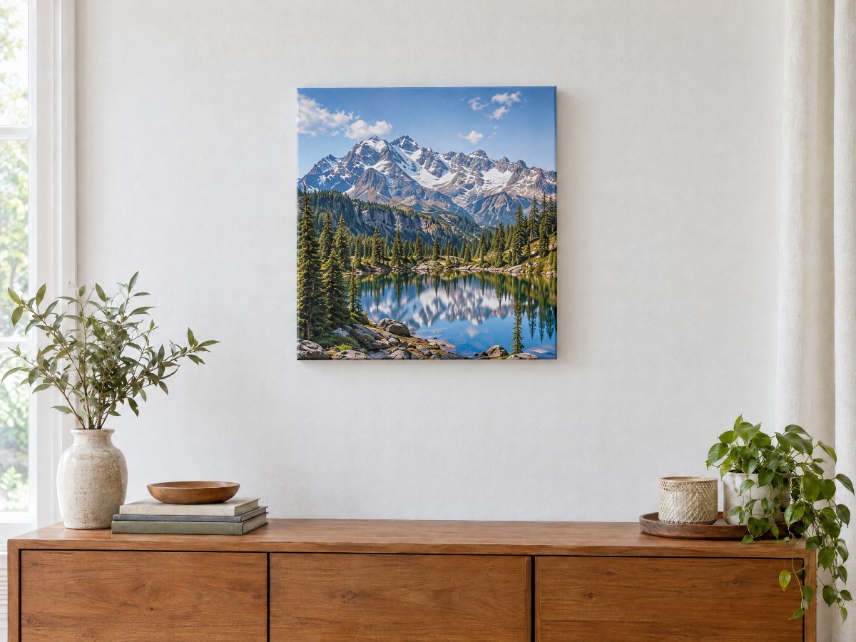 Quadratische Fotoleinwände an einer Wand